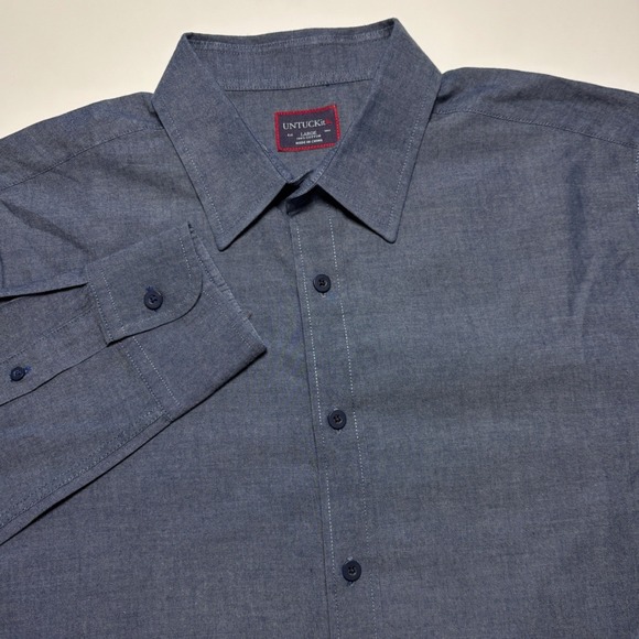 UNTUCKit Chambray Blue Cotton Men's L Long Sleeve Button Down Shirt Casual - Picture 3 of 7